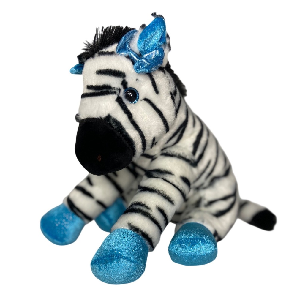 Aurora World GinZ Nation Zebra Plush Blue Glitter Hooves Bow 10" Stuffed Animal